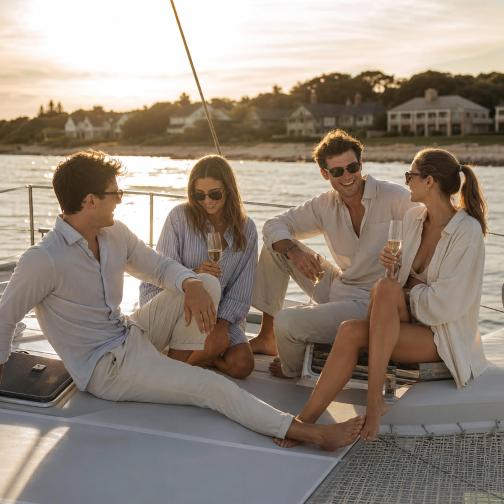 Guests relaxing aboard a private sailing catamaran during golden hour in Sag Harbor, capturing the understated coastal luxury and sailing chic aesthetic trending in the Hamptons.