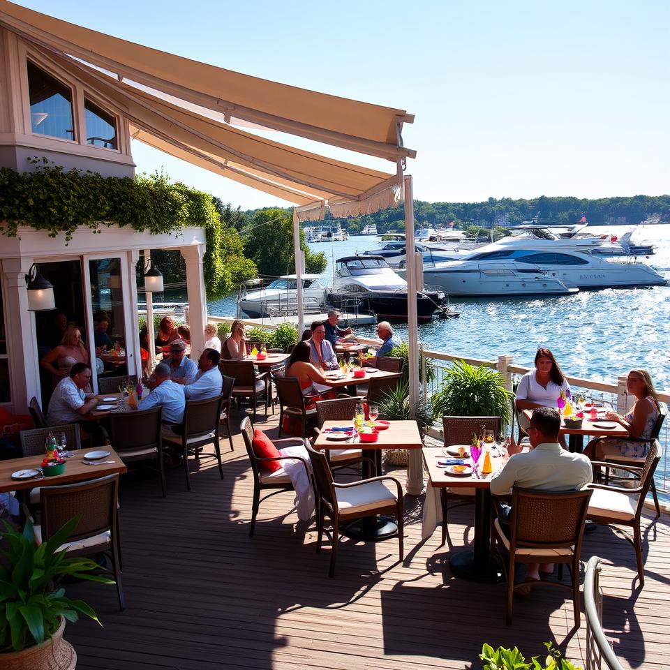 Chic summer restaurant by the water in the Hamptons with boats in the background and outdoor seating area under umbrellas, surrounded by lush greenery and a clear blue sky.