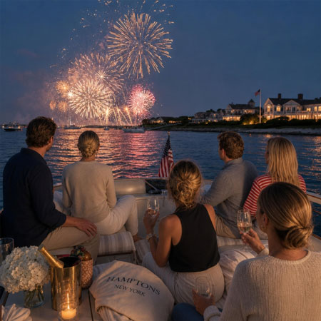 Guests on luxury boats enjoying fireworks at Three Mile Harbor, Hamptons