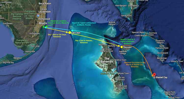 Map with route from Miami to Bahamas, cruising route with Valkyrie Sailing Charters
